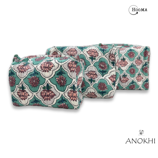 HOOMA 印度ANOKHI手工蓋印綠底粉蓮花旅行化妝包