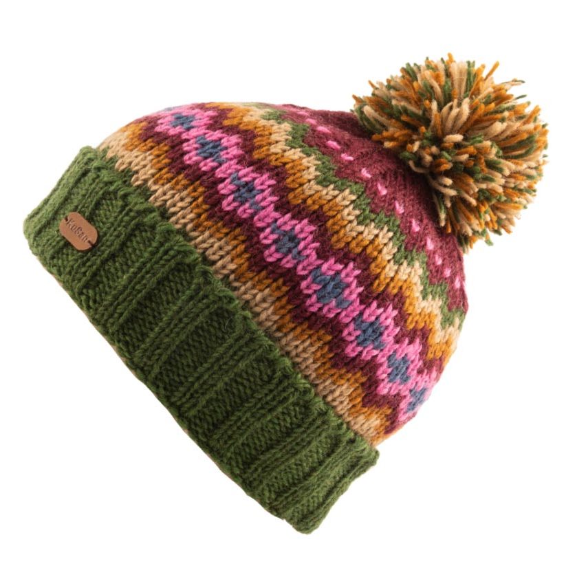 【Hilltop山頂鳥】KuSan 多色針織花紋毛球保暖羊毛帽 綠｜PH41XXZ6KUM0