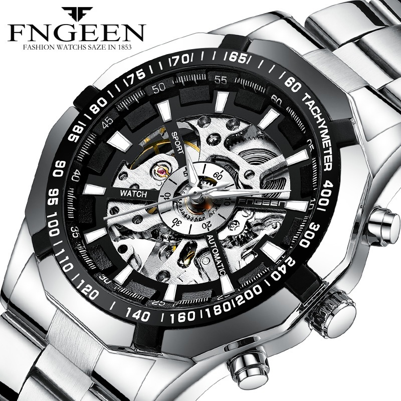 芬尊 FNGEEN 新款大氣時尚鋼帶全自動鏤空機械 男士手錶 機械錶 潮流手錶 精品手錶