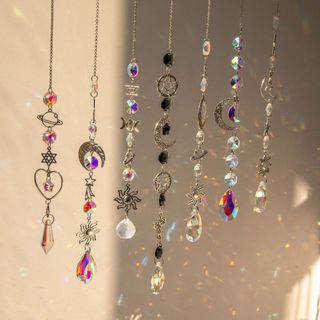 Suncatcher 銀色日月星辰水晶稜鏡太陽捕手 風鈴 六芒星 宇宙 神聖符號 空氣鳳梨 陽光 捕夢網 窗戶 吊墜 房