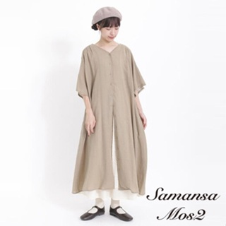 Samansa Mos2 棉麻混紡蕾絲V領開襟五分袖洋裝(FB33L0H0380)