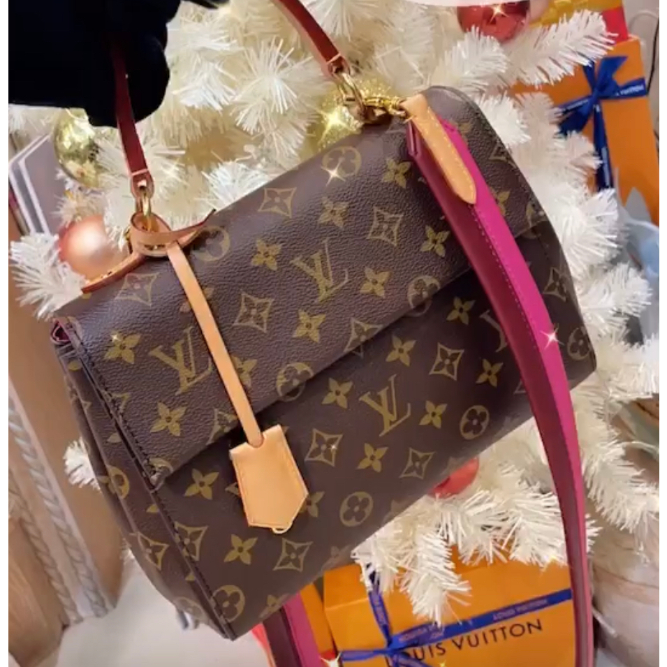 二手旗艦 LOUIS VUITTON LV 字紋 CLUNY 拼桃紅色 掀蓋 手提包 斜背包 兩用包(中友店)