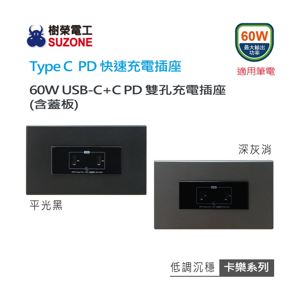 (含稅)【樹榮電工SUZONE】60W USB C+C PD充電插座/Delta台達電子 Type C插座/快充/卡樂