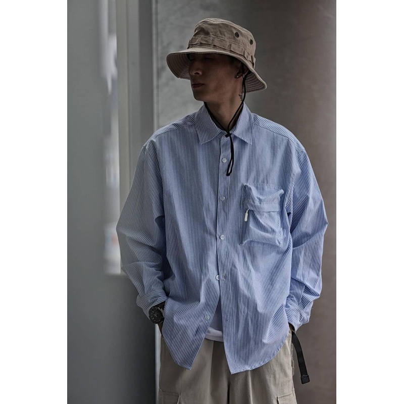 【LAS SELECT】韓國 美國 日本 CITY BOY棉麻 立體口袋 直條紋 長袖襯衫 秋冬 戶外 工裝 情侶 男女