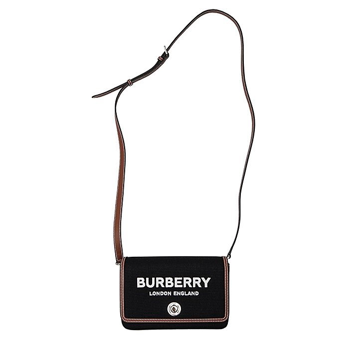 Burberry Horseferry 80551811 印花帆布及皮革翻蓋迷你斜背包 黑色/麥芽棕色