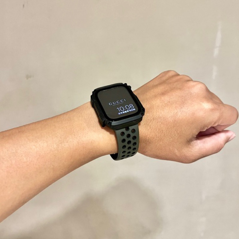 Apple watch 錶帶套組+錶殼+鋼化玻璃套組 橡膠洞洞運動錶帶 打洞 類nike款 軍綠色 消光黑