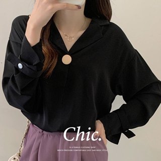 MUMU【T94805】西裝領圓扣寬鬆長袖襯衫。黑。4L 韓版 長袖襯衫 長袖上衣 大尺碼 女裝 現貨
