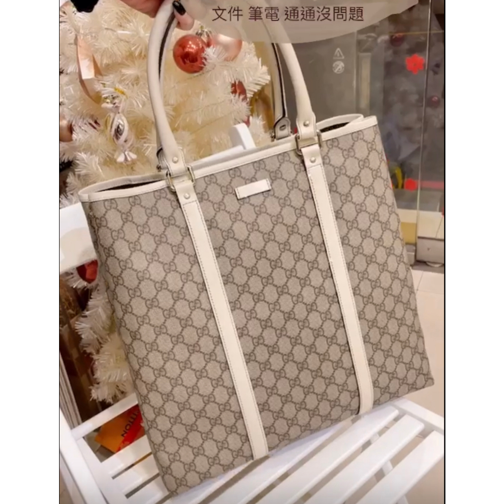 二手旗艦 GUCCI 白色 PVC 經典LOGO 手提包 肩背包 托特包 (中友店)