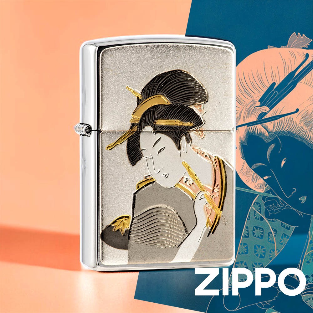 ZIPPO 日本傳統風格-浮世繪防風打火機 ZA-5-26A 女子提筆 髮絲紋機 貼印技術 終身保固