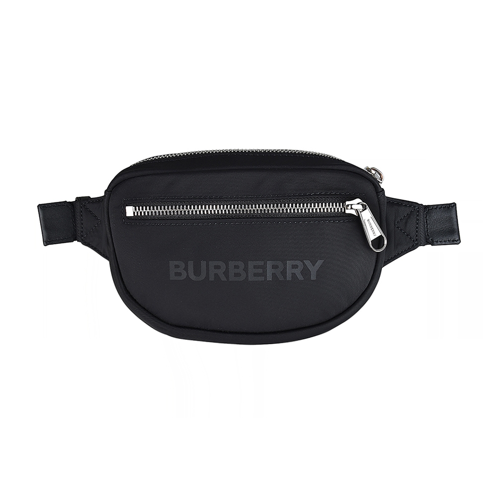 BURBERRY灰字LOGO尼龍拉鍊胸掛腰包(黑)