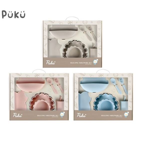 PUKU藍色企鵝 蒔蘿鉑金矽膠餐具禮盒7件組-(三色)-米菲寶貝