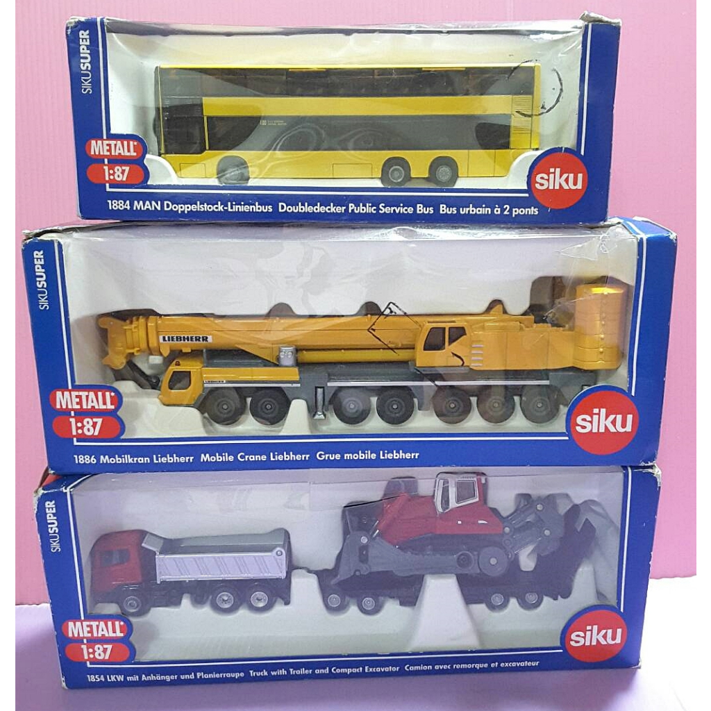 Mika💛1:87 SIKU 1854 挖土機拖車組，1886 移動式起重機，1884 公共巴士（全新盒損）