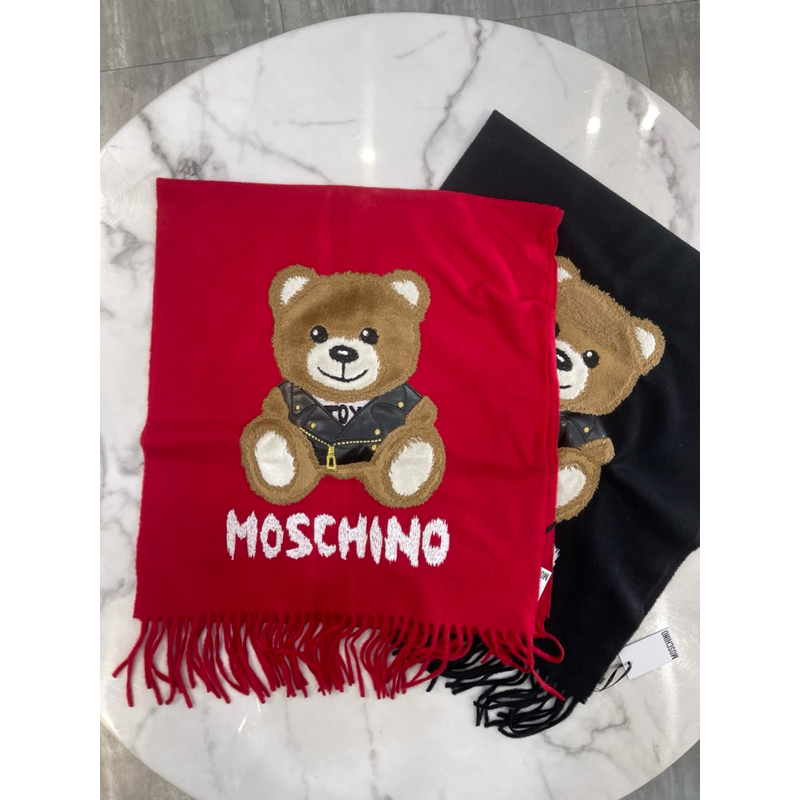 🇮🇹MOSCHINO🇮🇹絨毛泰迪熊🐻羊毛圍巾/紅、黑色共2色