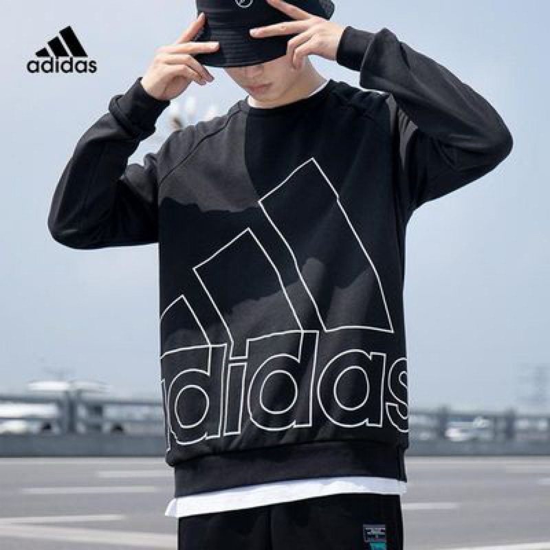 (現貨）全新真品愛迪達Adidas Logo黑色長袖上衣黑色圓領長袖上衣黑色棉長T/黑色棉T