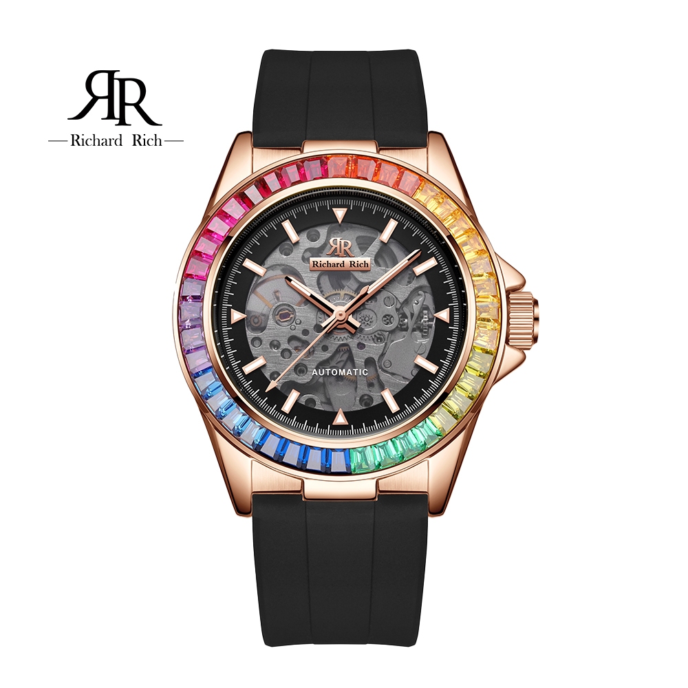 ⏰ACE⏰【Richard Rich】RR 海軍上將系列 玫金彩鑽圈縷空錶盤自動機械氟矽膠腕錶