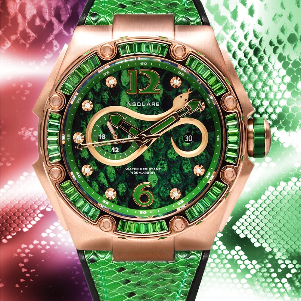 【WANgT】NSQUARE SNAKE QUEEN蛇后系列皇后翡翠綠施華洛世奇水晶蛇紋46mm自動機械腕錶 N11.3