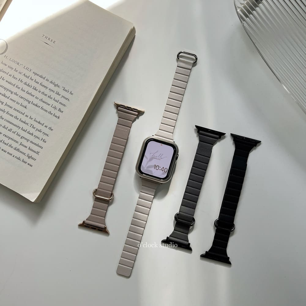 【O'CLOCK STUDIO】細款強力磁吸金屬環Apple Watch 荔枝皮革錶帶