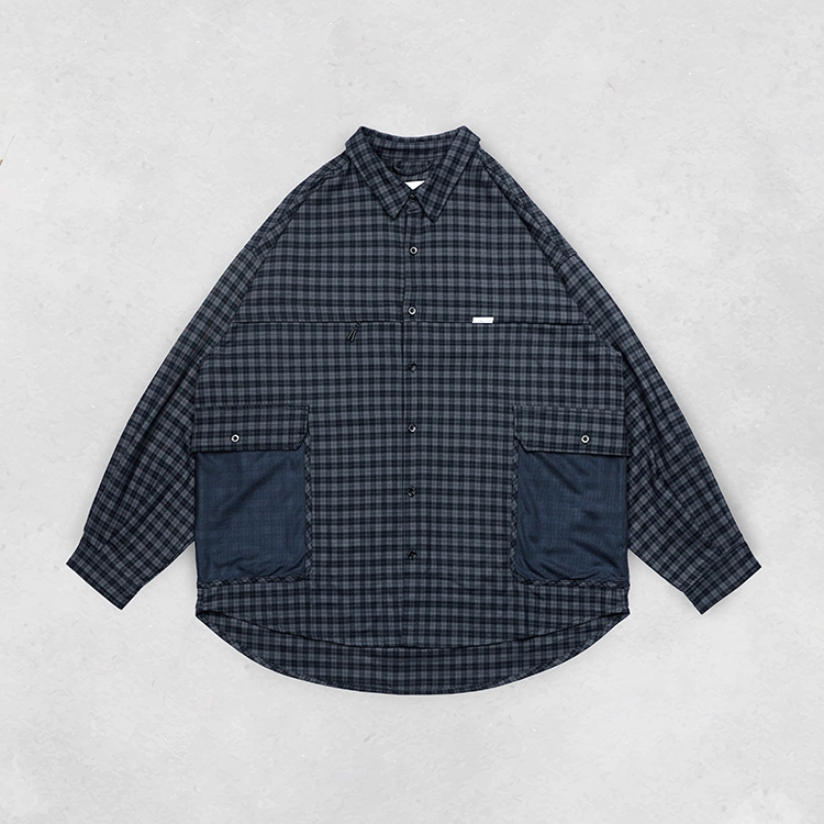 [B-SIDE]MESH POCKET CHECKED SHIRT格紋網布口袋長袖寬版襯衫