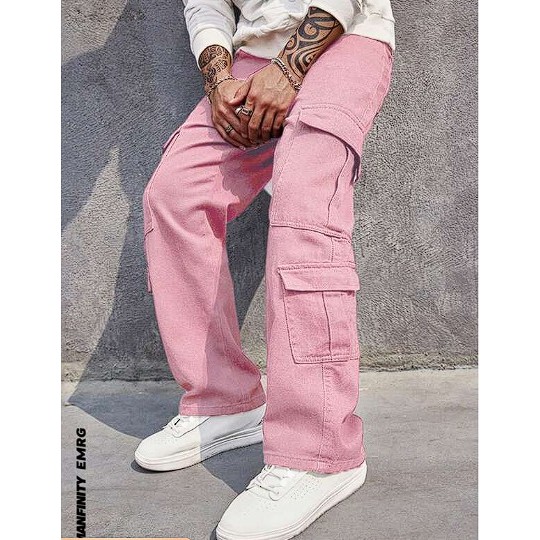 💥粉紅第一品牌💥丹寧風 工裝褲 寬褲  寬鬆款 粉紅色 長褲 口袋 男士側翻蓋口袋工裝牛仔褲💥全館買兩件就免運💥