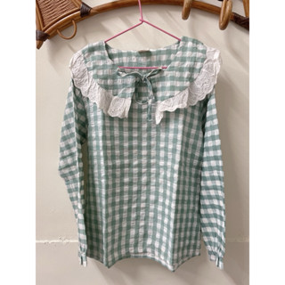 清新棉麻格子荷葉領拼接蕾絲肩領上衣 二手童裝 女童童裝 女童上衣 日系棉麻長袖上衣 秋冬上衣