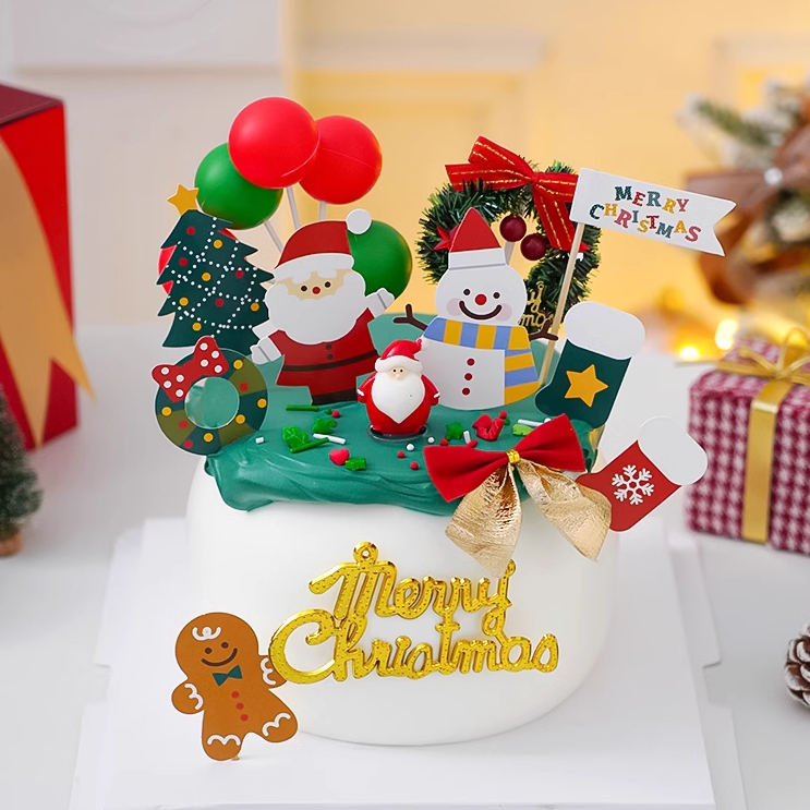 🌸五日工坊🌸聖誕節蛋糕 裝飾品材料包(套組) 冬日蛋糕 聖誕樹裝飾 DIY 紅綠氣球 雪人 聖誕襪 聖誕老人 花圈