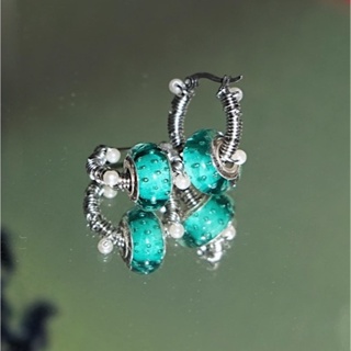 藍綠氣泡琉璃纏繞銀珠 不鏽鋼圈圈耳環 （單個販售）