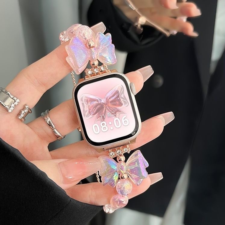 🦋超氛圍#緞面蝴蝶結iwatchs10錶帶適用蘋果s9手錶AppleWatch10/9/87女神se錶帶 45mm錶帶