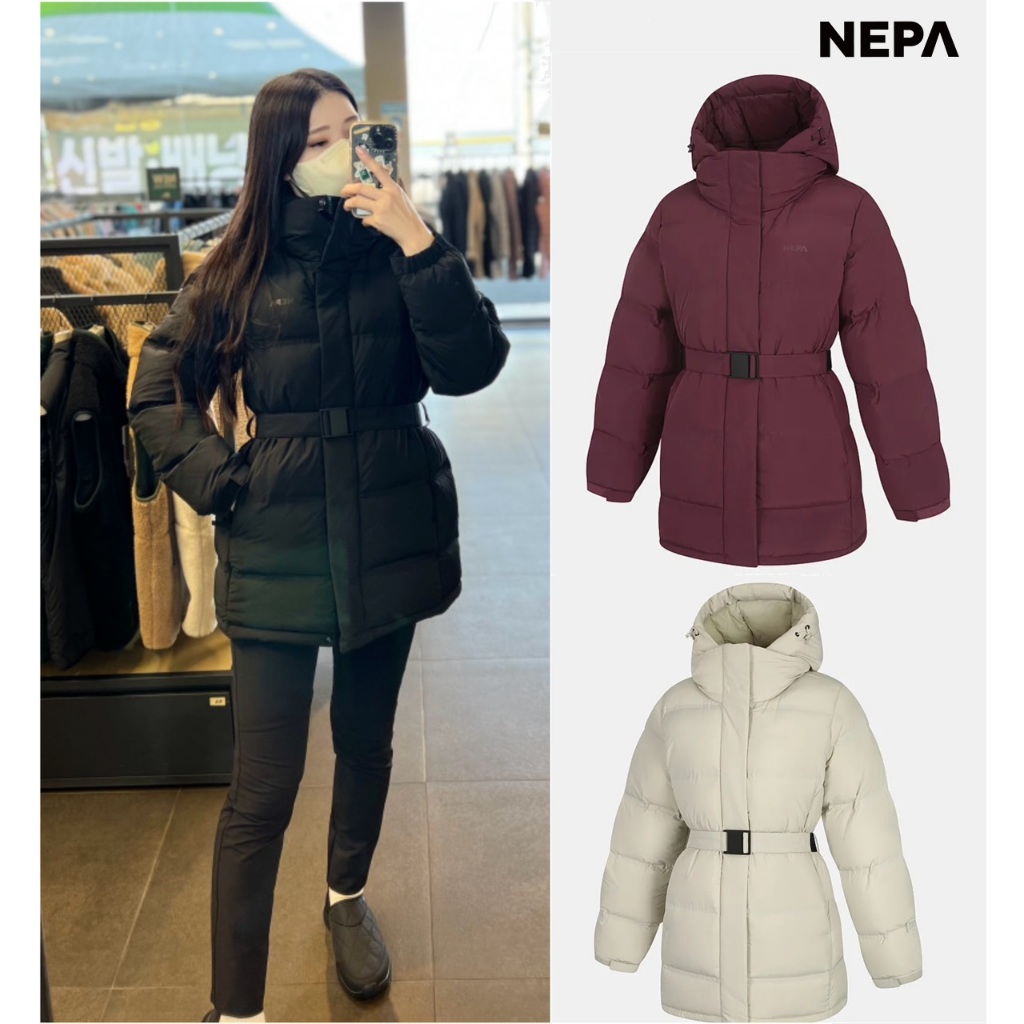 過季零碼特賣❗️韓國 NEPA 女裝 Seize Tube Down Jacket 中長版連帽腰帶防潑水羽絨外套