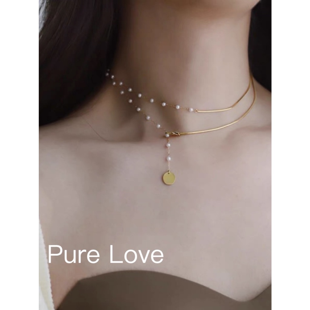 Pure Love樂芙 / 正韓 【G0047】韓系簡約L316醫療鋼小圓牌珍珠蛇骨不對稱長項鏈 毛衣鏈 / 金