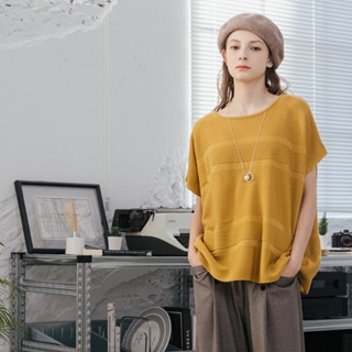 【cumar】精細編織感連袖短袖針織上衣 粉 駝 黃 (魅力商品)