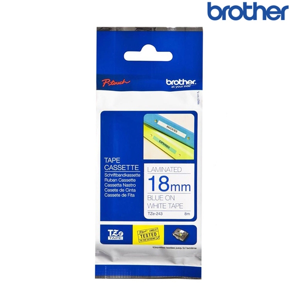 Brother兄弟 TZe-243 白底藍字 標籤帶 標準黏性護貝系列 (寬度18mm) 標籤貼紙 色帶