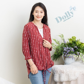 台灣現貨 大尺碼線條節點假2件式下抽繩七分袖上衣(紅色)056-Dolly多莉大碼專賣店