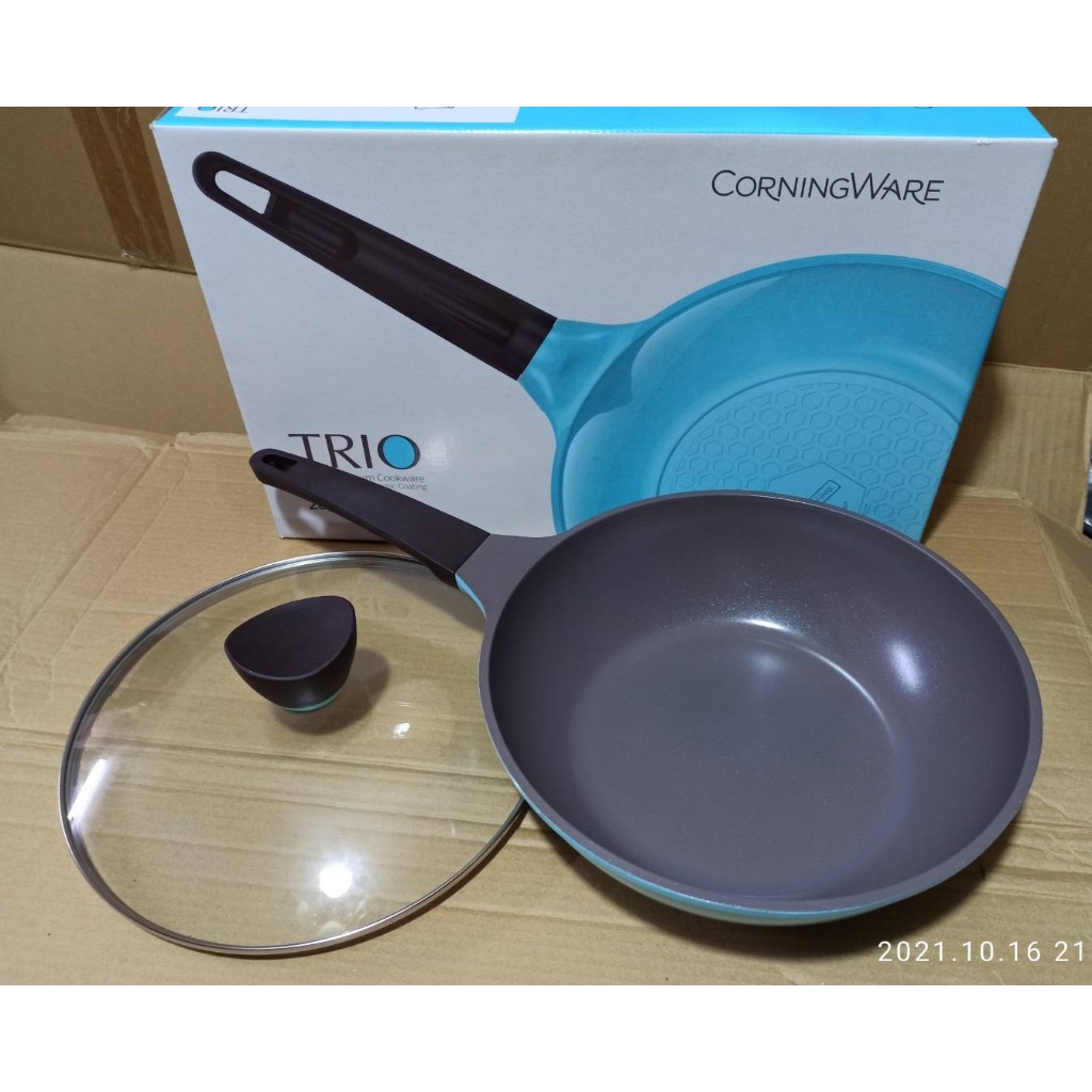 全新炒鍋 美國康寧CorningWare TRIO陶瓷不沾鍋28cm單柄炒鍋-幸福藍(附玻璃蓋),豐原可自取