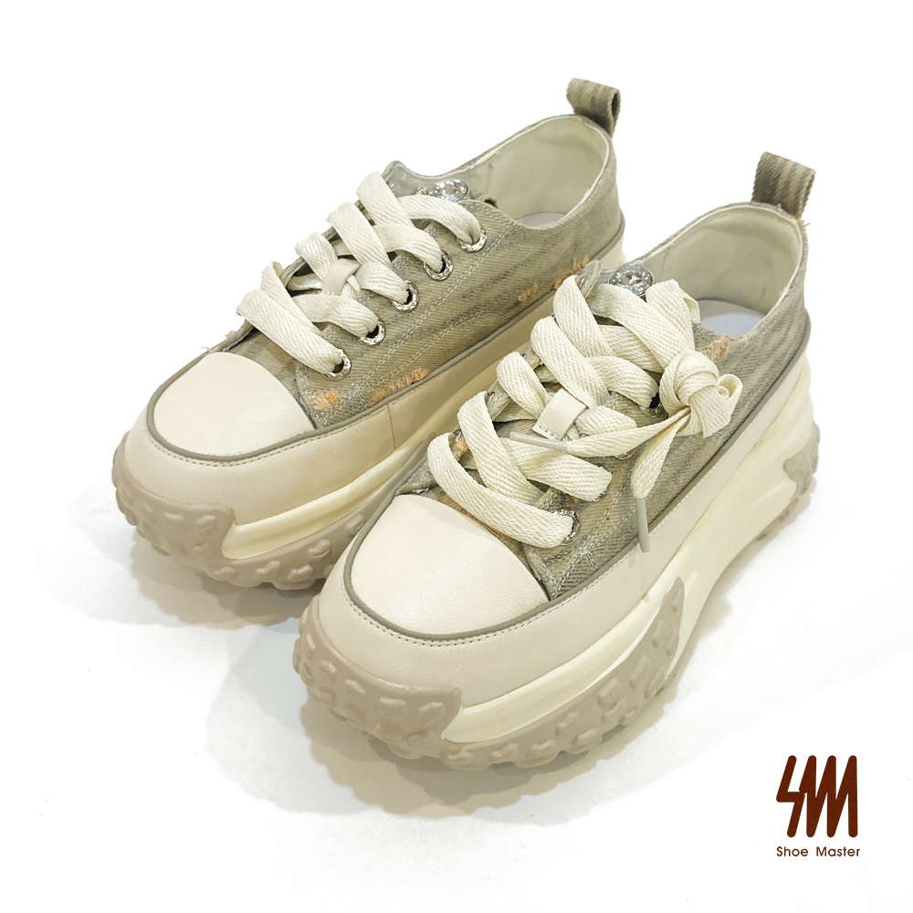 SM 復古牛仔布厚底綁帶休閒鞋(淺灰色)