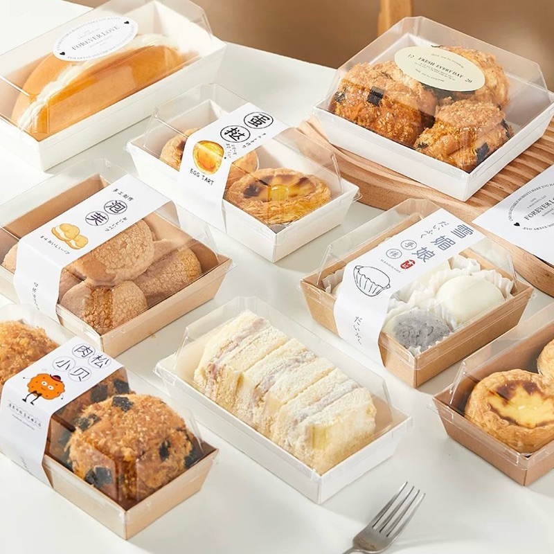 『Mi烘培』PET透明蓋紙塑包裝盒 5入 蛋糕卷 泡芙 甜點 餅乾 蛋糕 三明治包裝盒 輕食便當盒 長方形 方形 餐盒