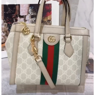 二手旗艦 Gucci OPHIDIA 燕麥色 PVC 前雙G 上拉鍊 手提包 附背帶 兩用包 (中友店)