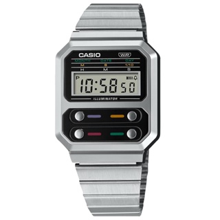 CASIO / 卡西歐 復古方型 計時碼錶 電子數位 不鏽鋼手錶 黑銀色 / A100WE-1A / 33mm