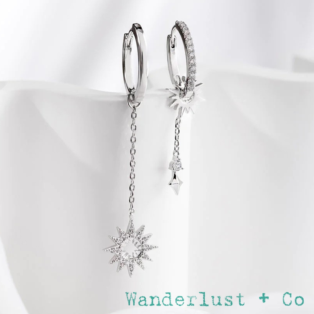 Wanderlust+Co 澳洲品牌 鑲鑽太陽垂墜式耳環X鑲鑽圓形耳環 2用銀色耳環 Sunlit Drop