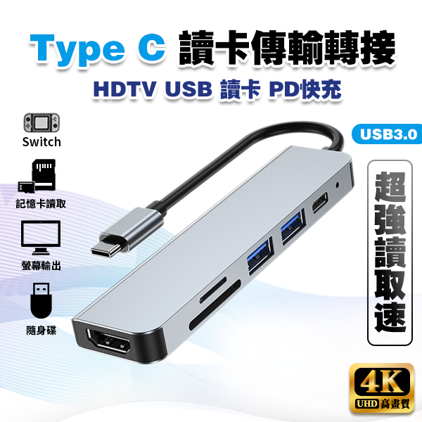 【4K 高畫質】Type C HDMI 讀卡傳輸 轉接頭│SWITCH USB Hub PD 集線器 可接HDMI螢幕