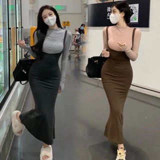 S-3XL 大尺碼 兩件式洋裝 長洋裝 吊帶洋裝 長袖洋裝 魚尾裙子禦姐純欲風法式秋季套裝長袖打底衫上衣兩件套裝潮