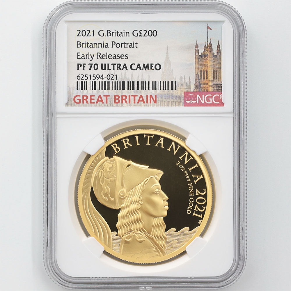 2021年 不列顛尼亞 英國 200英鎊 2盎司 精製金幣 NGC PF 70 UC ER 初鋳版 最高鑑定