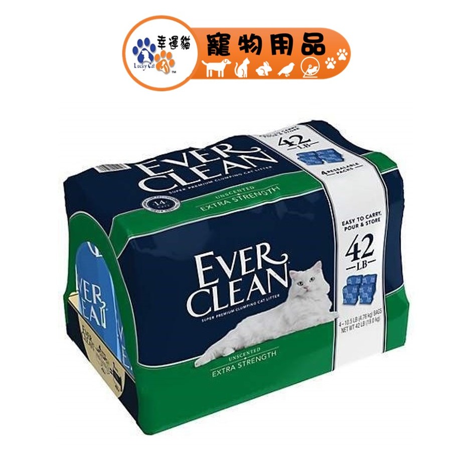 EverClean 藍鑽 低過敏結塊貓砂(4袋入) 綠標 42lb(19KG) 【幸運貓】