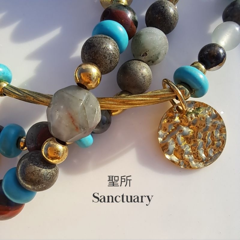 Sanctuary聖所／天然非洲血石、綠松石、黃鐵礦三層黃銅手鏈