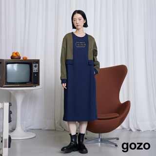 【gozo】100%WINTER異材質假兩件長洋裝(深藍/淺綠_F) | 女裝 圓領 休閒