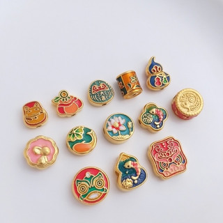 宏雲Hongyun-Ala--沙金色滴油燒藍串珠配件招財貓醒獅蓮花隔珠鼓珠diy手鏈飾品運珠