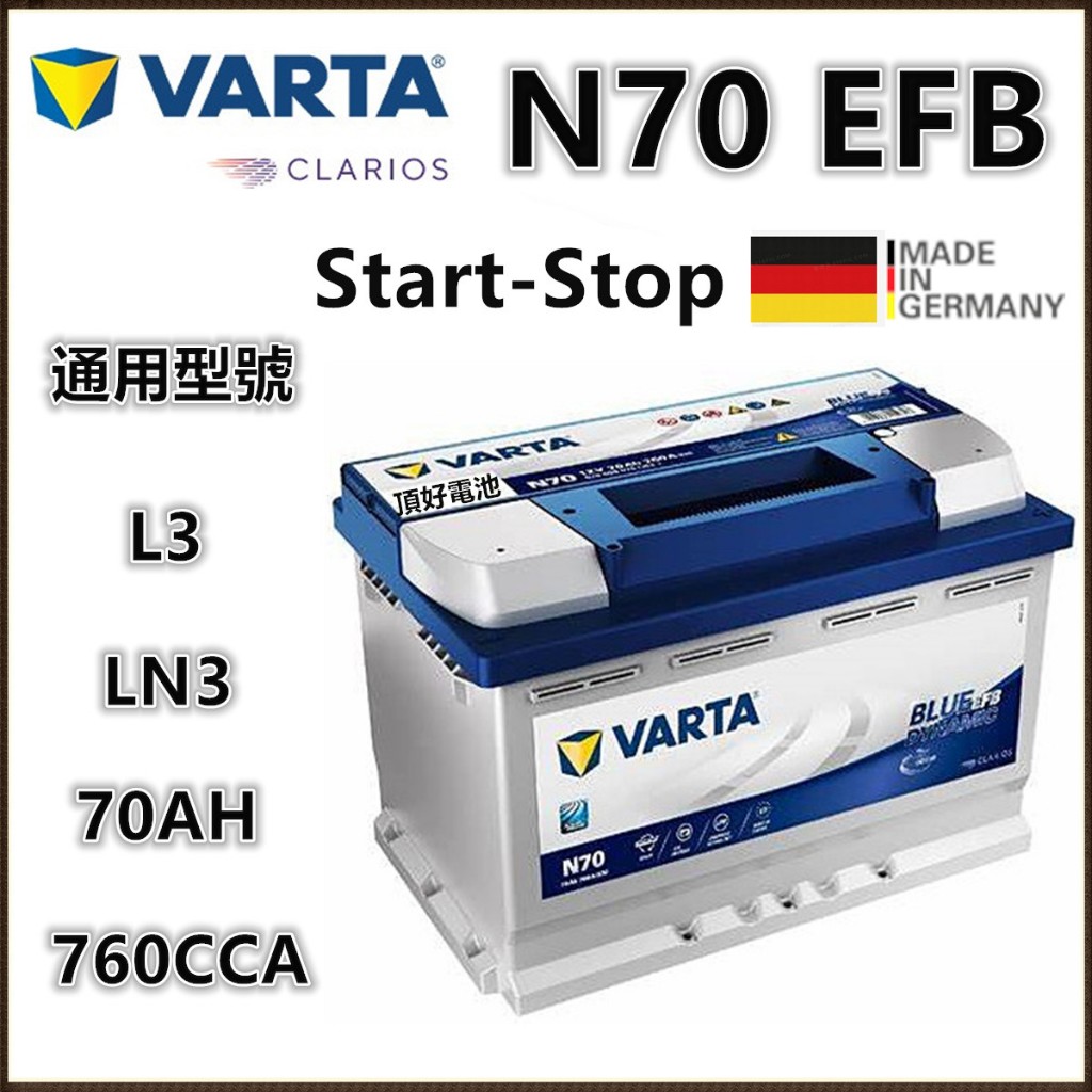 頂好電池-台中 德國 VARTA N70 EFB 70AH 免保養汽車電池 LN3 L3 怠速啟停系統 柴油車款