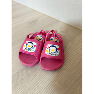 二手童鞋-女童 台灣製🇹🇼粉紅色PUKU藍色企鵝 拖鞋/防水拖鞋/室內拖鞋 #14cm