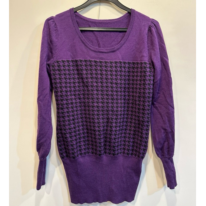 專櫃 MK MICHEL KLEIN 紫色千鳥格紋長版100% 羊毛衣