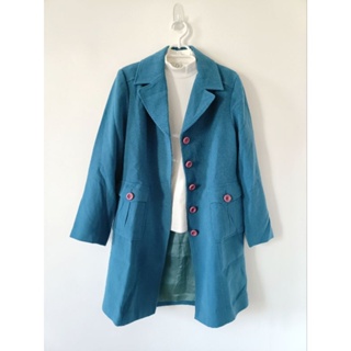 台灣製專櫃品牌艾莉詩-藍綠色排釦顯瘦剪裁大衣外套