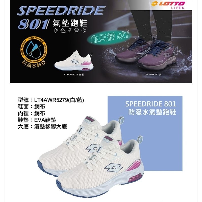 LOTTO 女 SPEEDRIDE 801 輕量透氣 回彈緩衝 防潑水 避震氣墊跑鞋(紫LT4AWR5277 白79